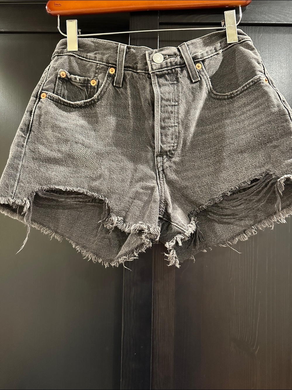 Levi's Black High-Rise Frayed Denim Shorts